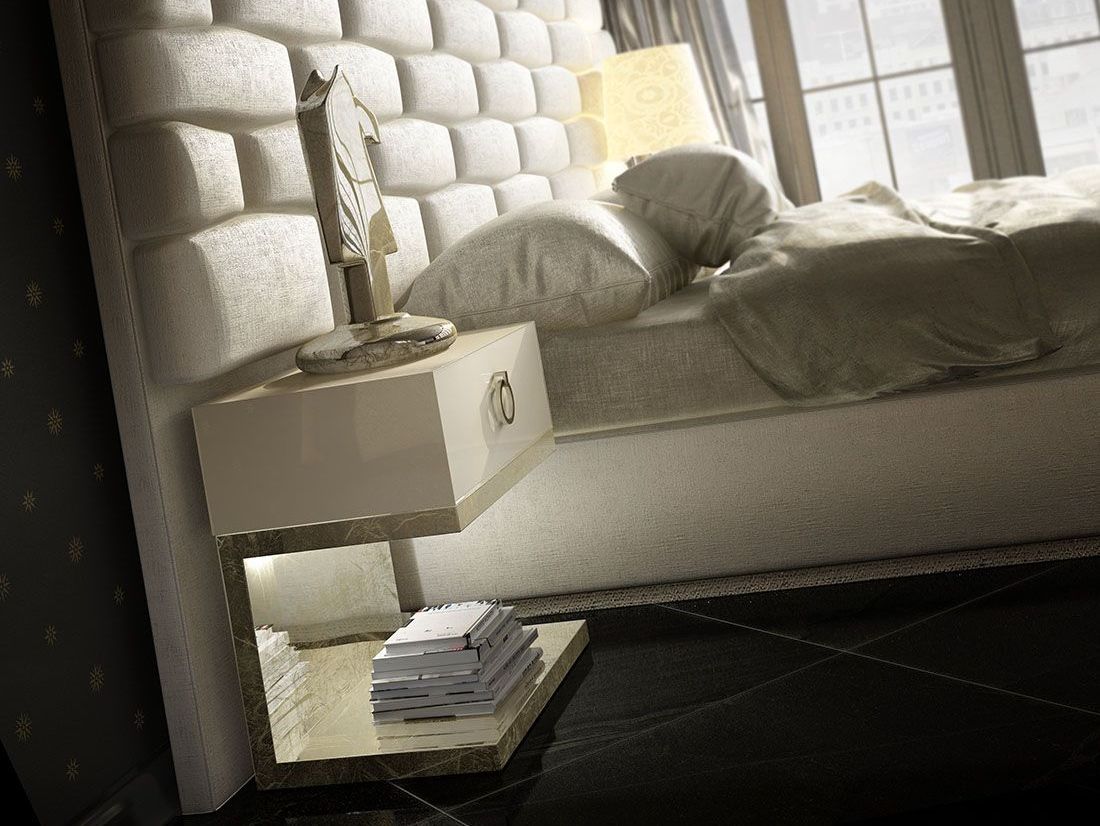 cama blanca con mesilla de diseño oderna